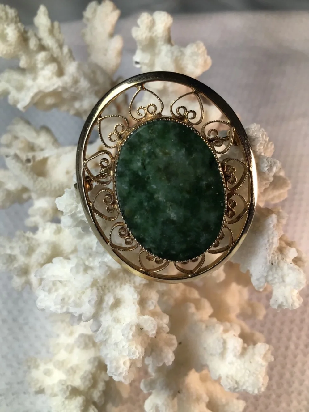Vintage Designer Signed Catamore 1/20 12K Gold Filled Green Gemstone Pin Brooch